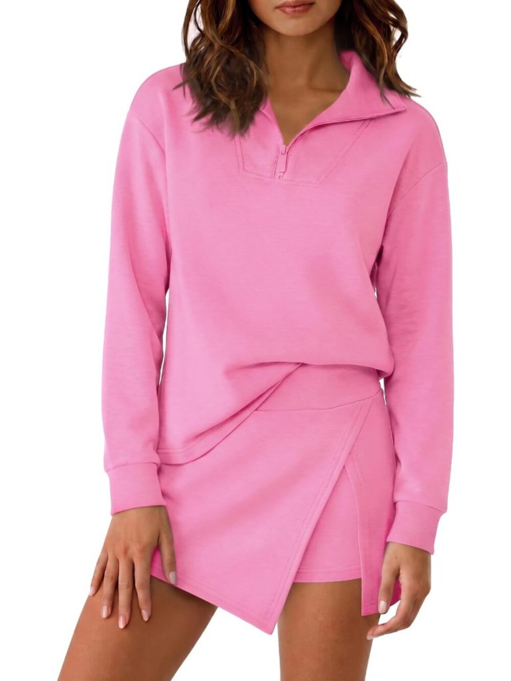 Chic Women's 2-Piece Skirt Set | Half Zip Sweatshirt & Athletic Skorts Outfit